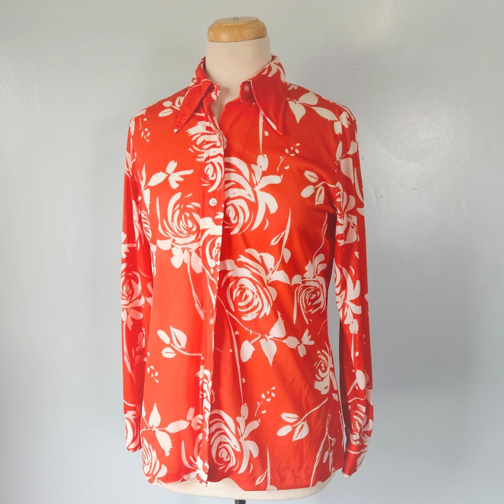 Vera Neumann Vintage 70s‎ Orange Red White Rose Floral Dagger Collar Blouse M